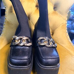 Black Platform Loafers with Gold Chain Accent